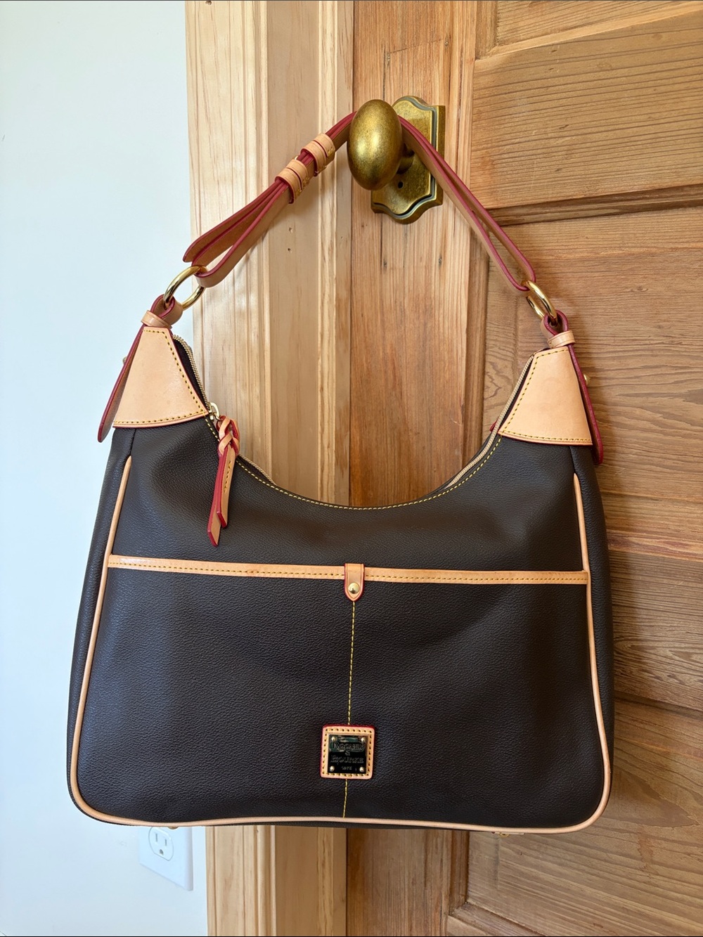 Dooney & Bourke Brown Leather Hobo with Natural Trim and Red Accents